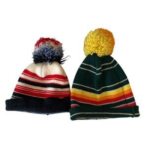 Vintage Wigwam Wool Pom-Pom Beanie Striped  Yellow Retro Winter Lot of 2